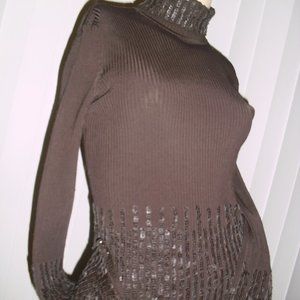 CACHE,luxury,knit,turtleneck,leather,hand trim,brown,Brand New,no copies,UNIQUE